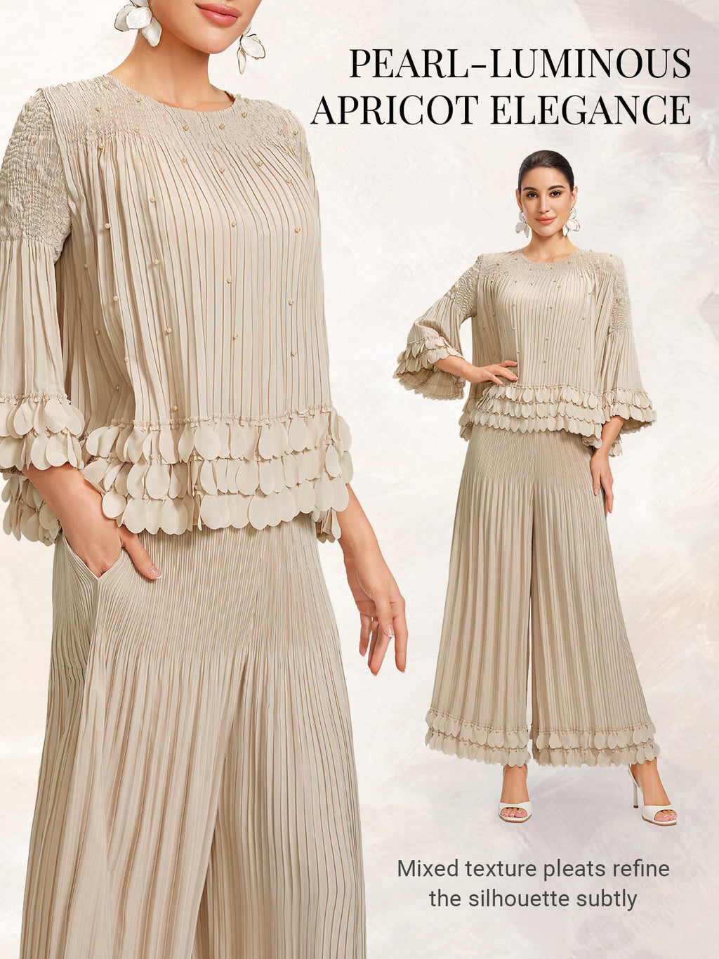 Hand-Stitched Floral Beaded Pleated Set