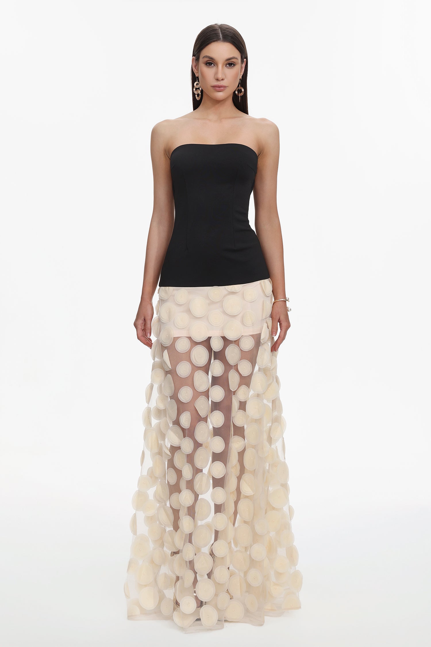 Falzer Sleeveless Netting Wafer Maxi Dress