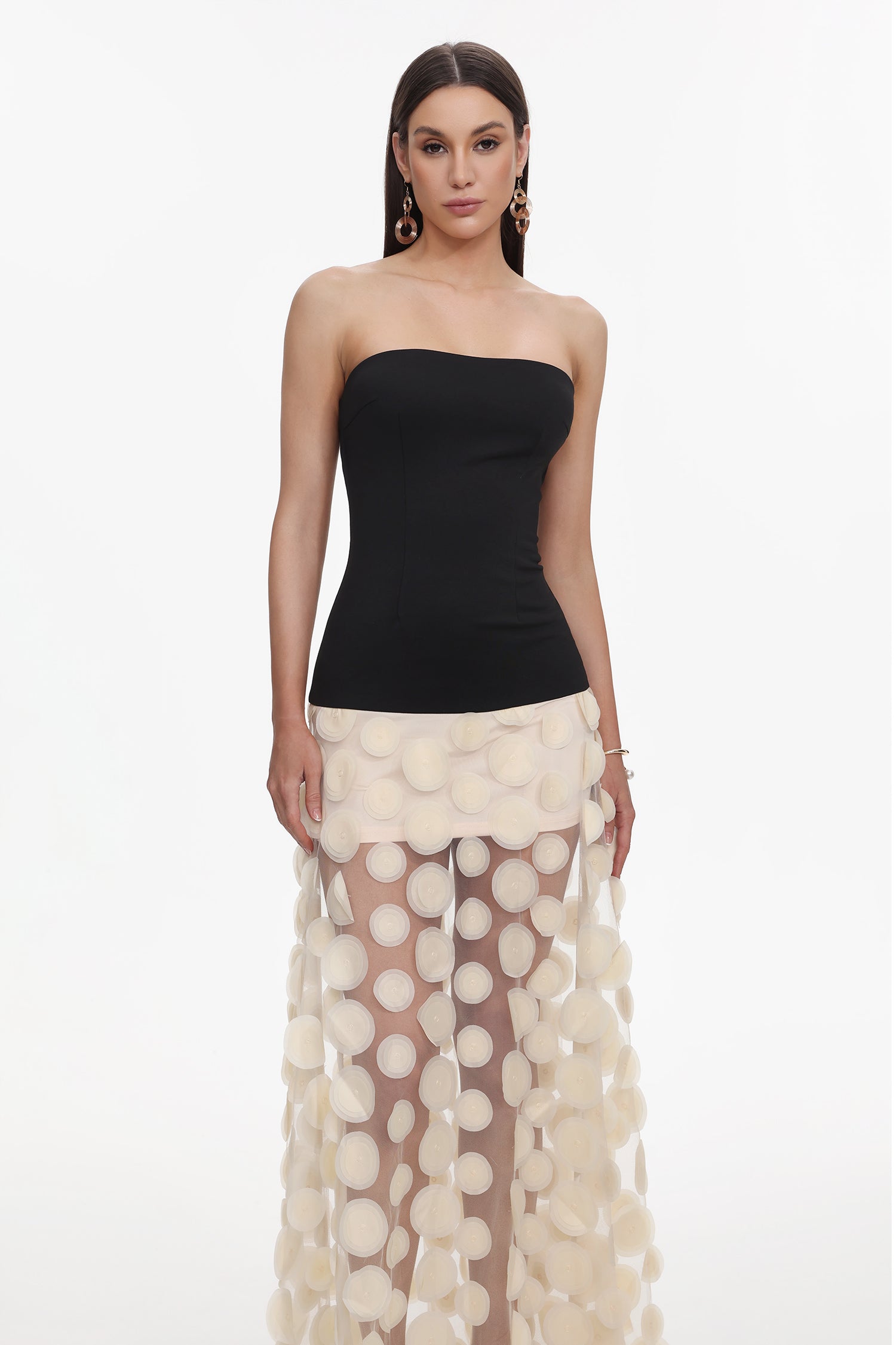 Falzer Sleeveless Netting Wafer Maxi Dress