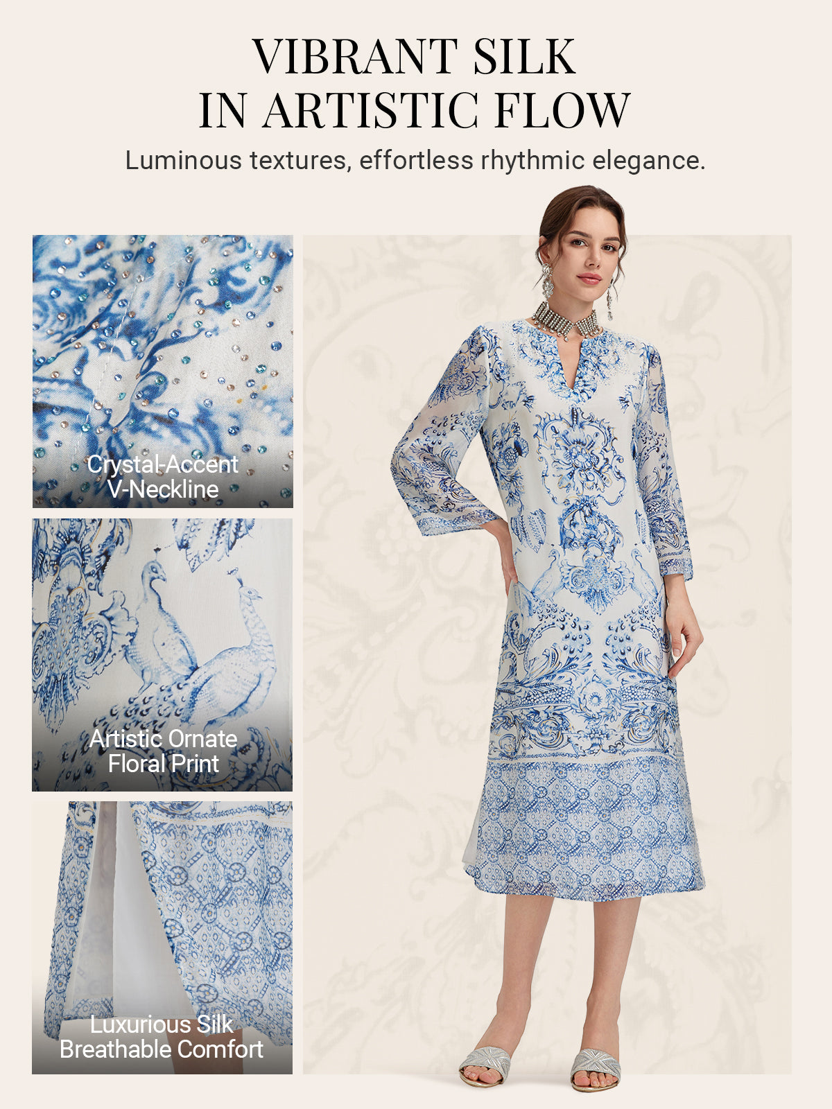 Silk Italian Floral Printed V-Neckline Dress