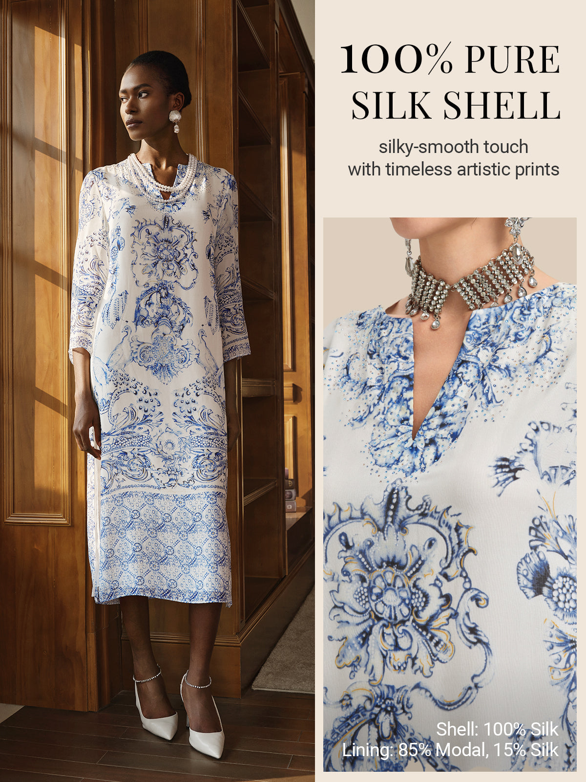 Silk Italian Floral Printed V-Neckline Dress
