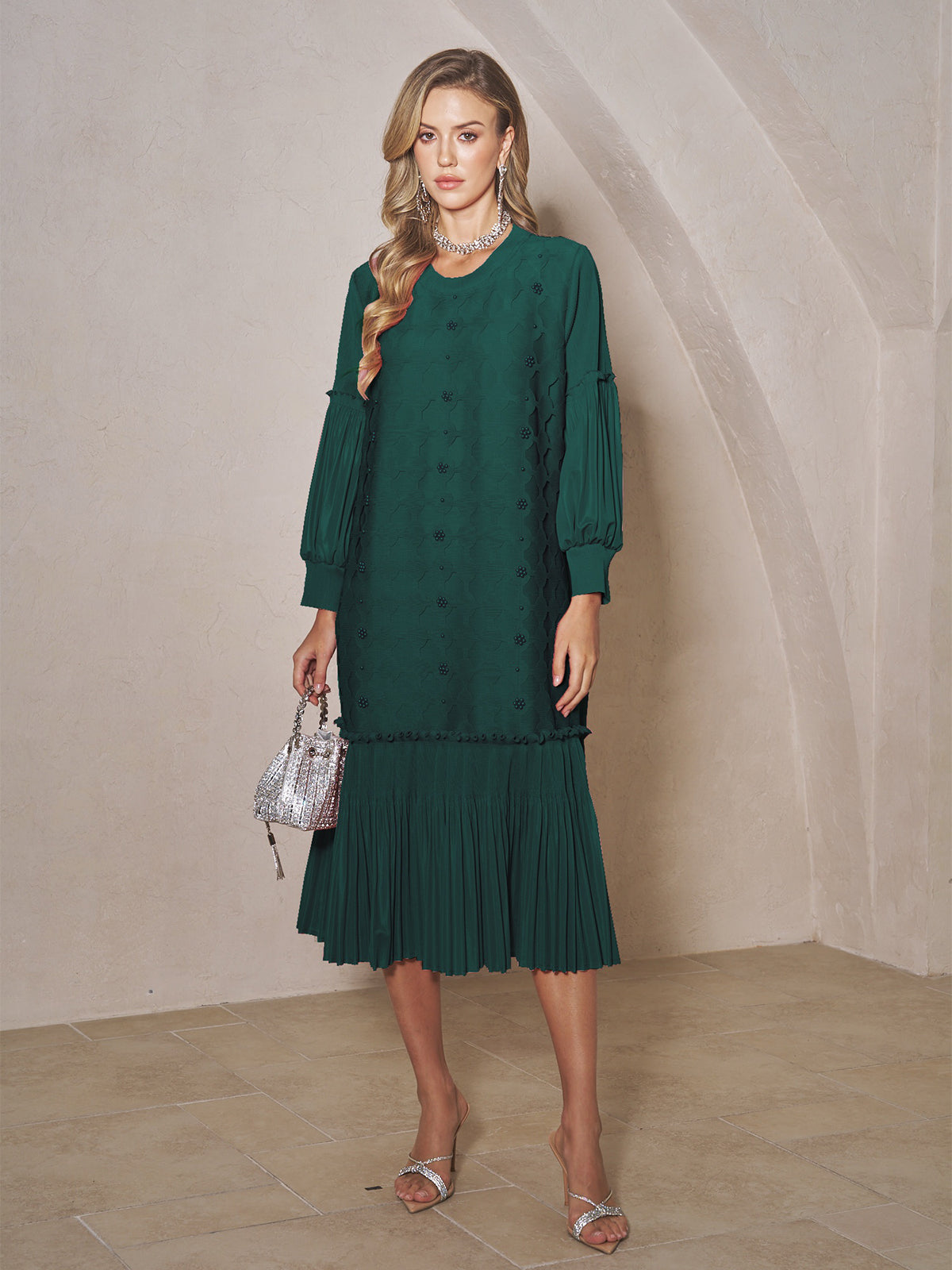 Beaded Jacquard Pleated Midi Dress