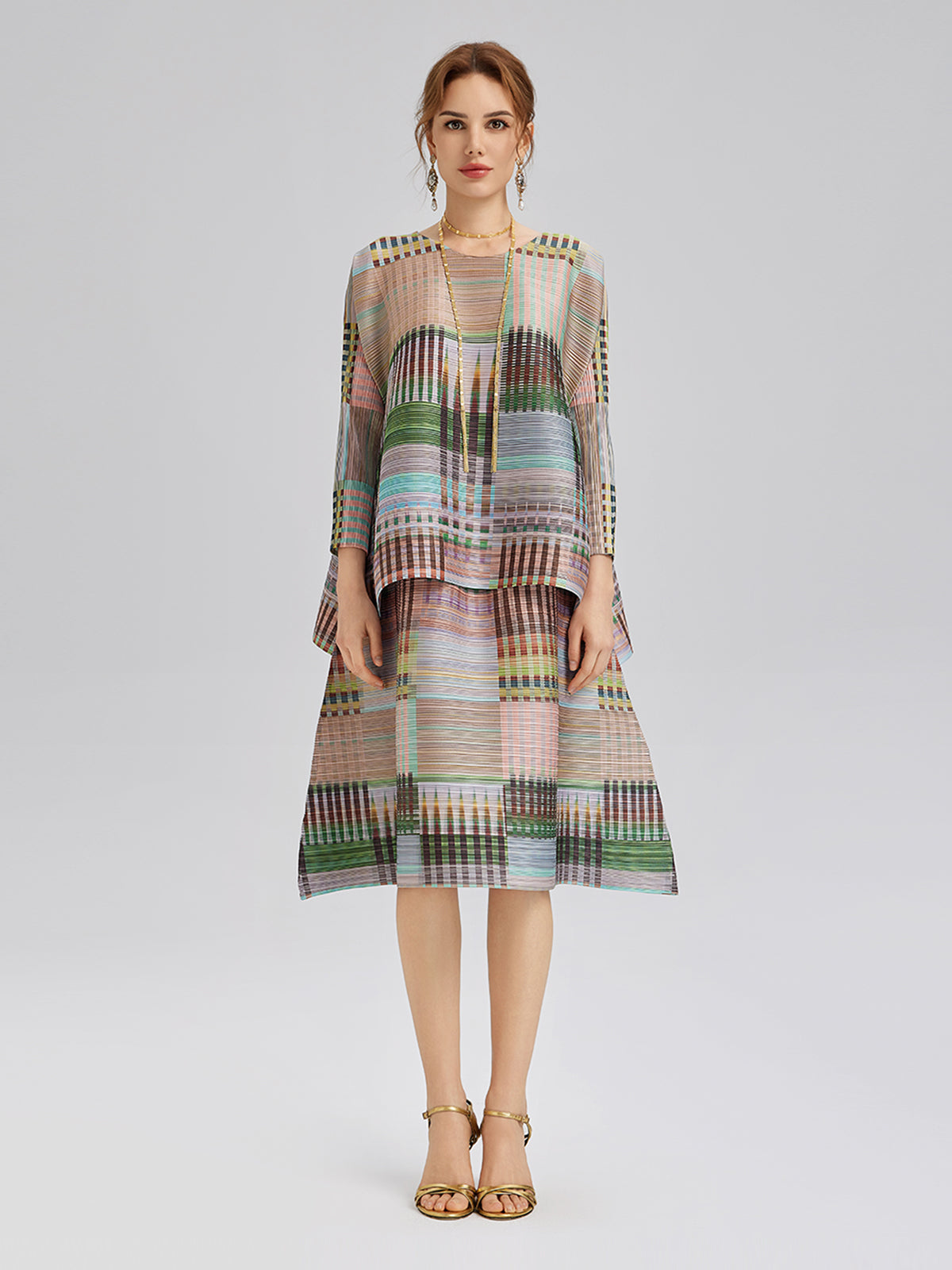 Geometric Print Pleated Elastic Waist Set