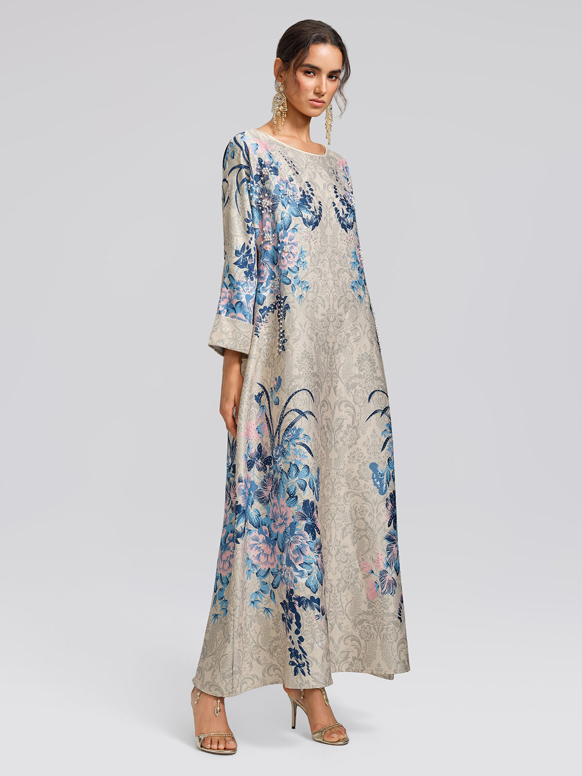 Floral Print Hand-Beaded Round-Neck Dress