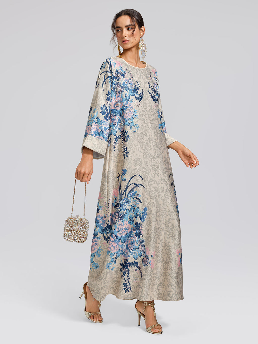 Floral Print Hand-Beaded Round-Neck Dress