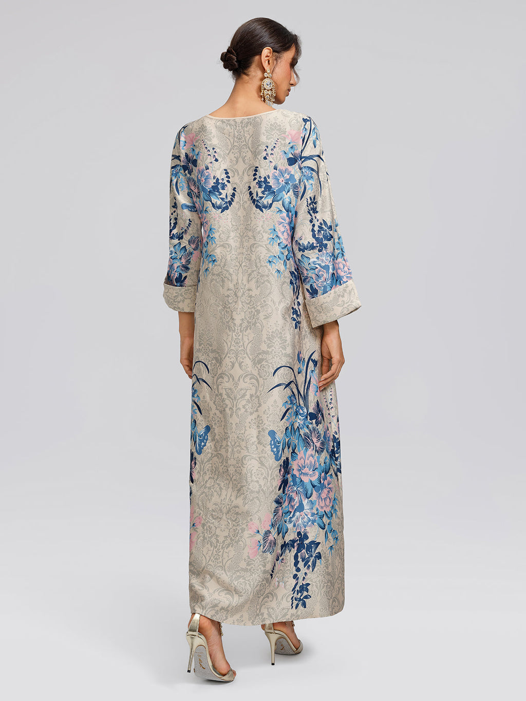Floral Print Hand-Beaded Round-Neck Dress
