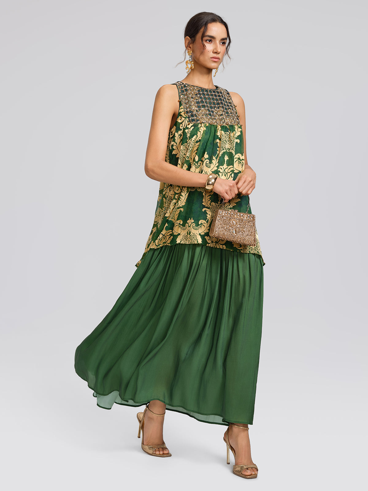 Pleated Jacquard Chiffon Beaded Gown