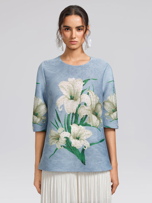 Artistic Pleated Rhinestone Floral Print Top