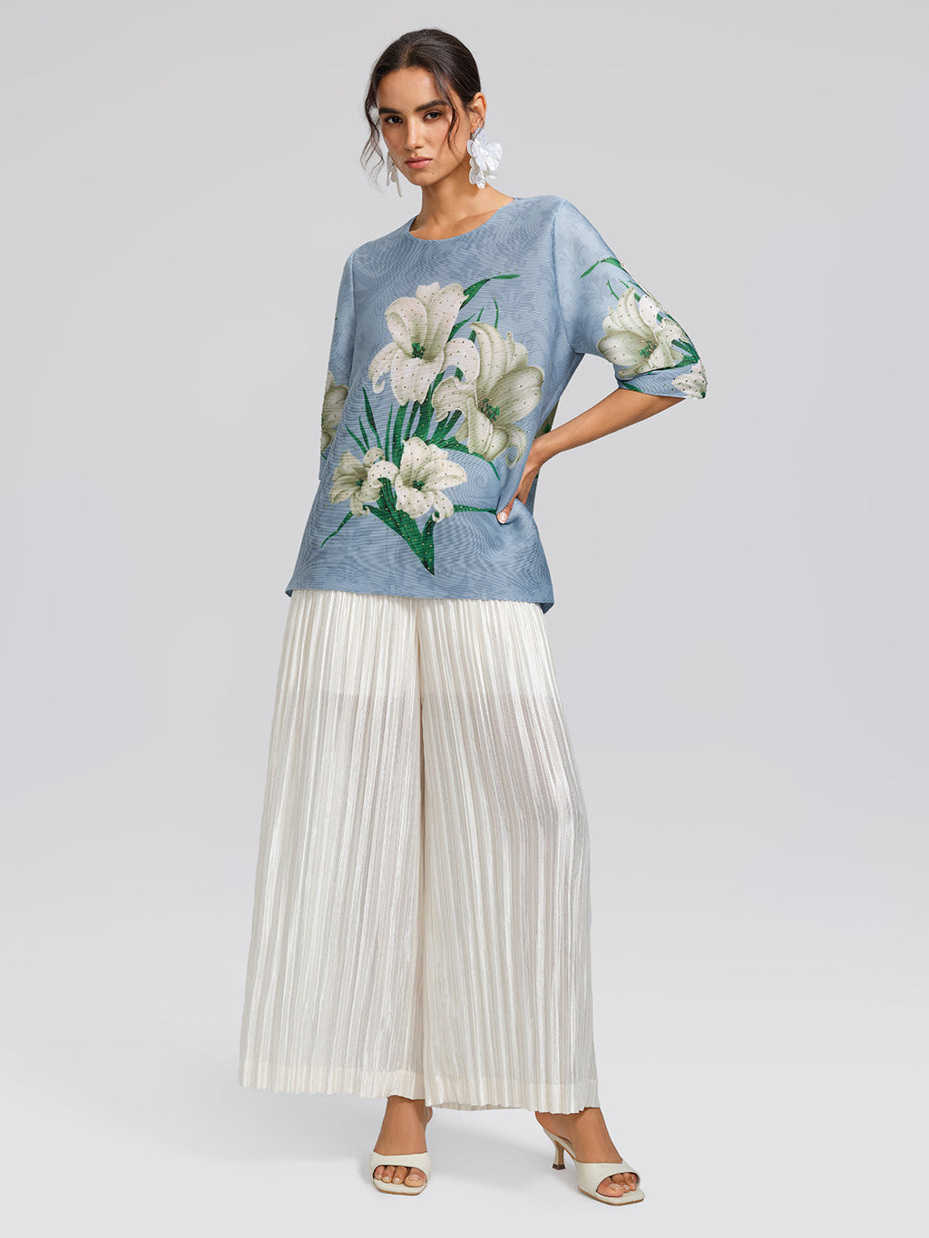 Artistic Pleated Rhinestone Floral Print Top