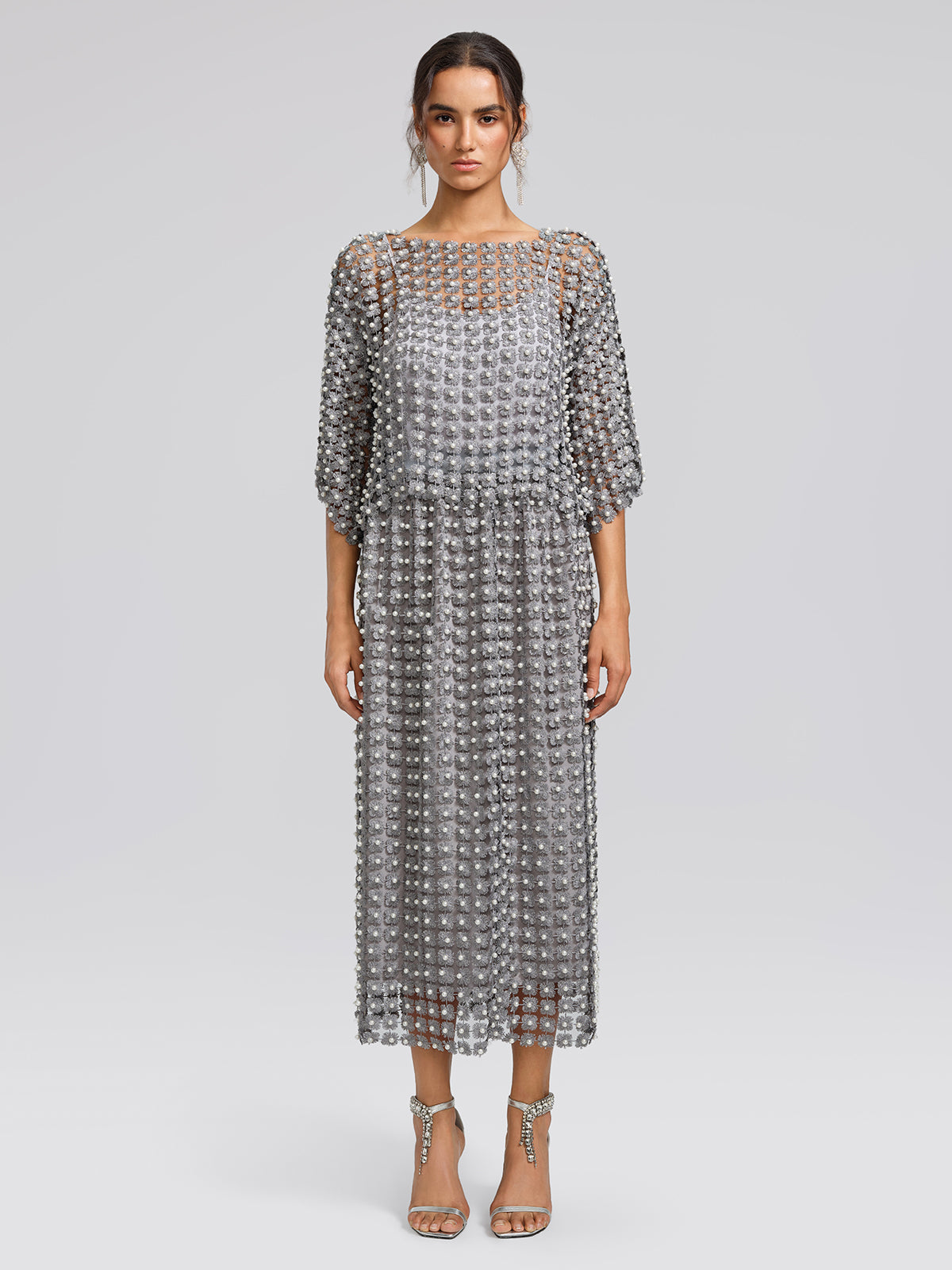Floral Pearl-Embellished Round-Neck Top