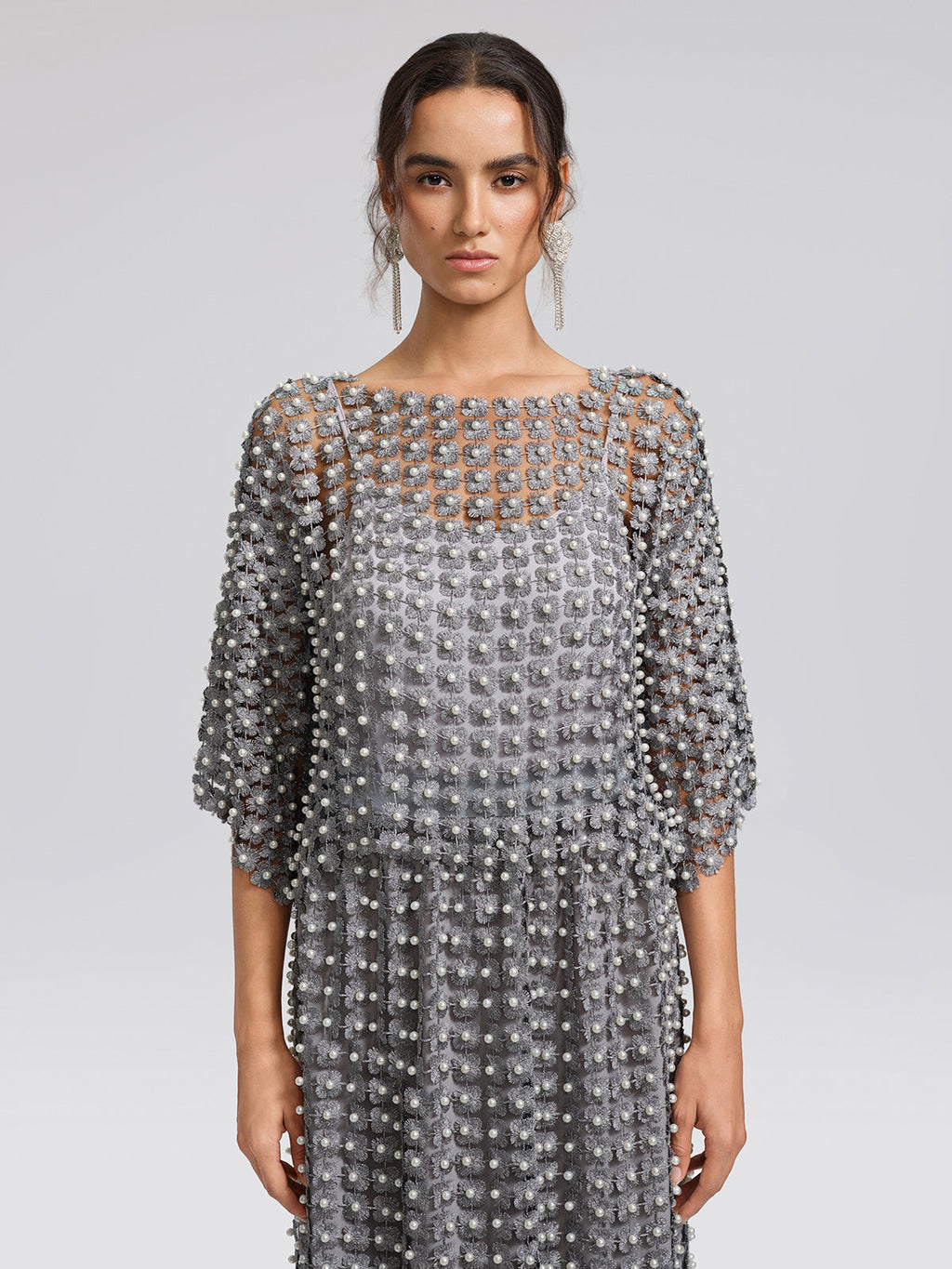 Floral Pearl-Embellished Round-Neck Top