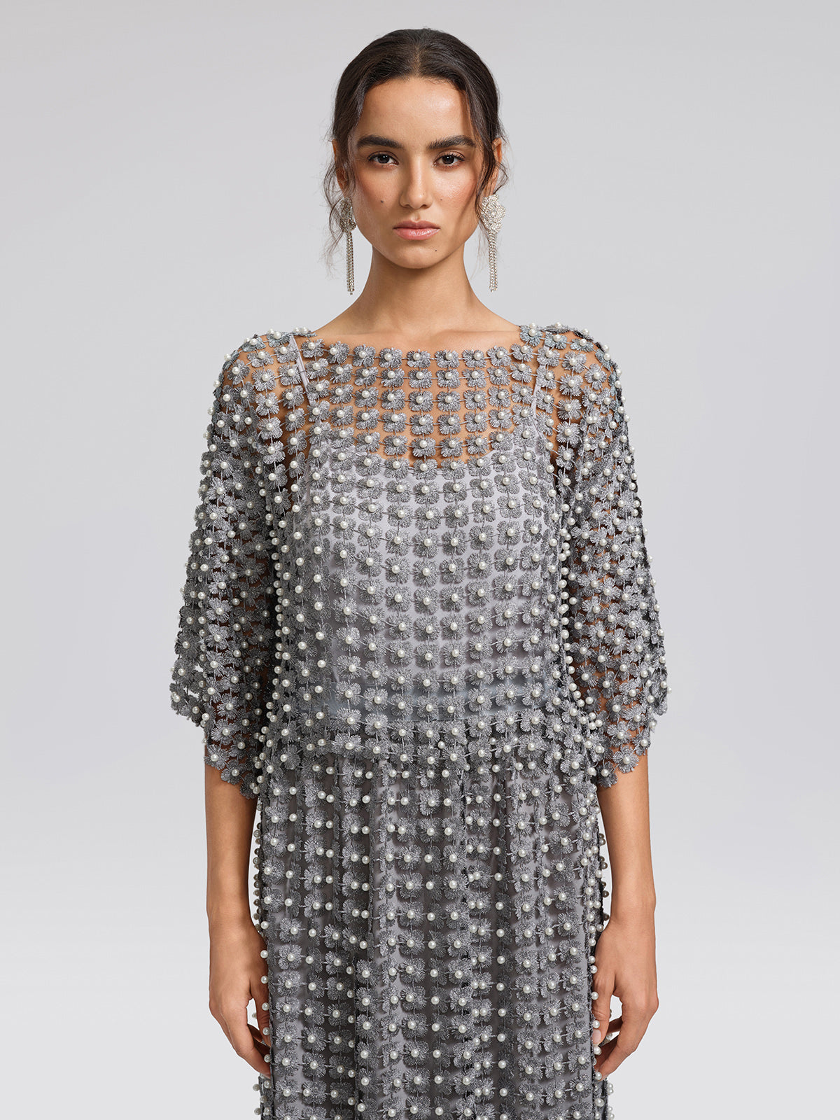 Floral Pearl-Embellished Round-Neck Top