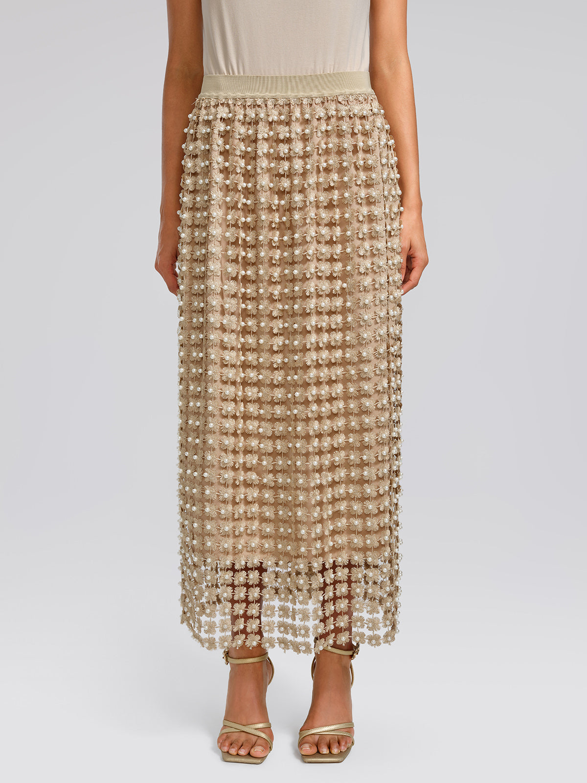 Floral Pearl-Embellished Elastic-Waist Skirt