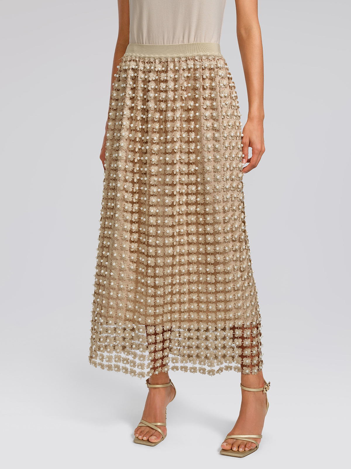 Floral Pearl-Embellished Elastic-Waist Skirt