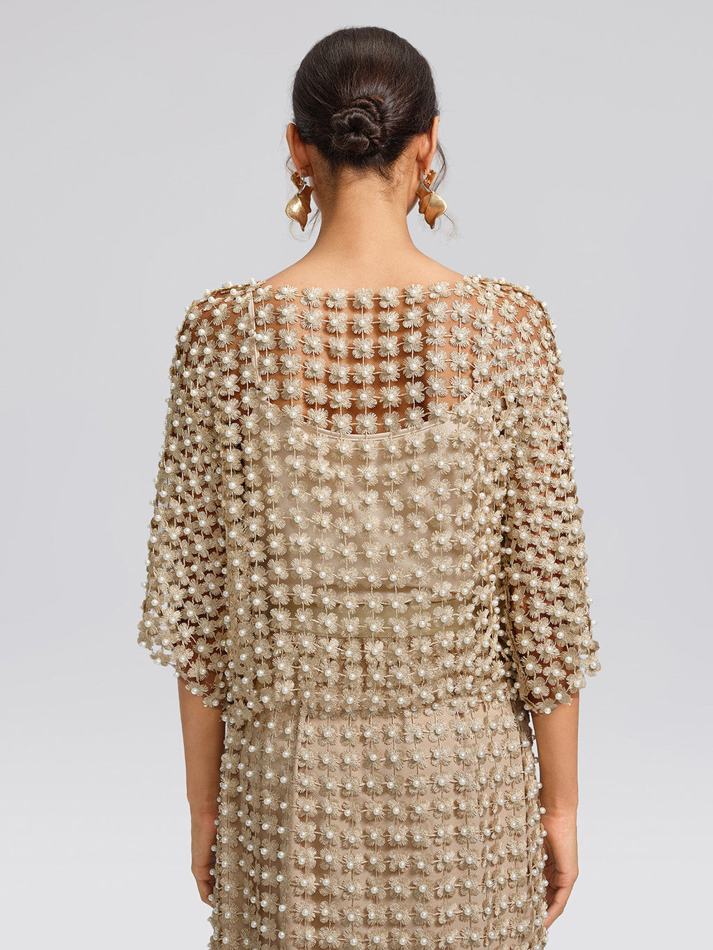 Floral Pearl-Embellished Round-Neck Top