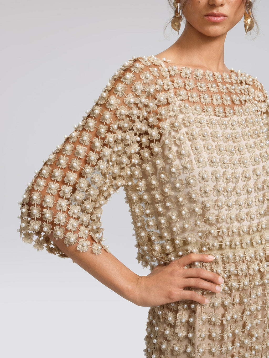 Floral Pearl-Embellished Round-Neck Top