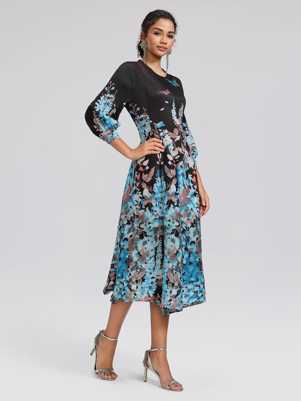 Pleated Printed Lantern-Sleeve Dress