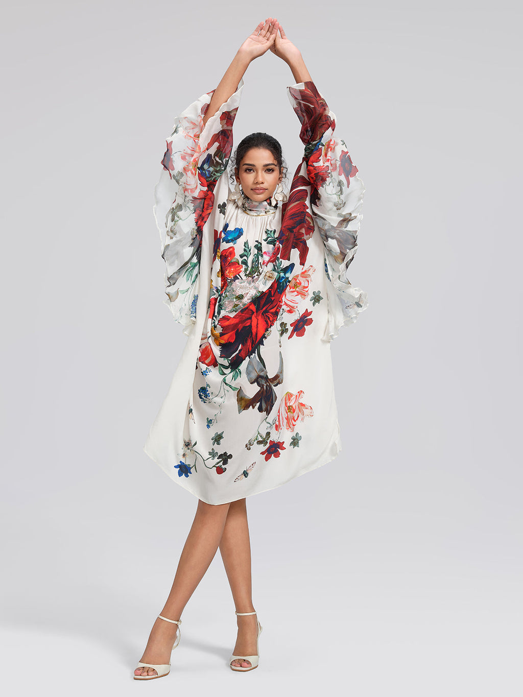 100% Silk Batwing-Sleeve Printed Dress