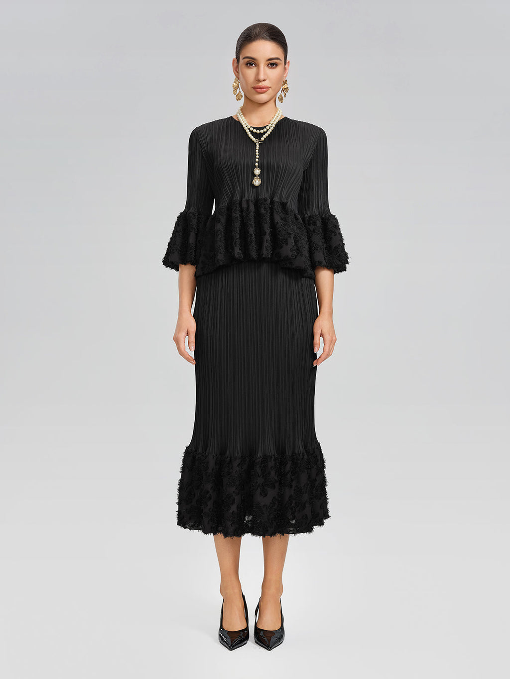 Pleated Bell-Sleeve Stretch Set