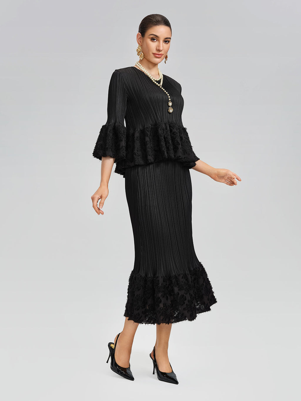 Pleated Bell-Sleeve Stretch Set