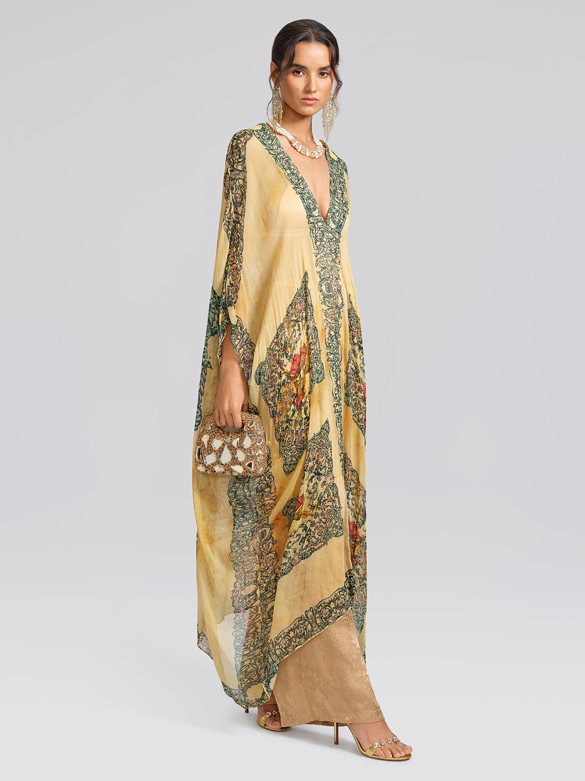 100% Tasar Printed Batwing-Sleeve Vacation Cover-Up