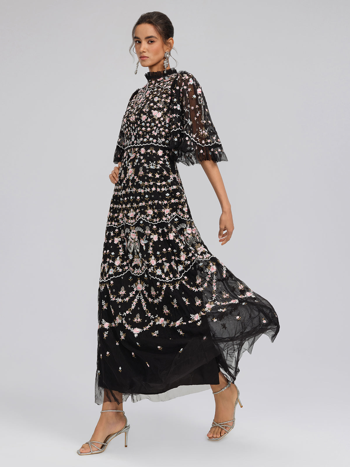 Embroidered Floral Ruffled Tulle Dress