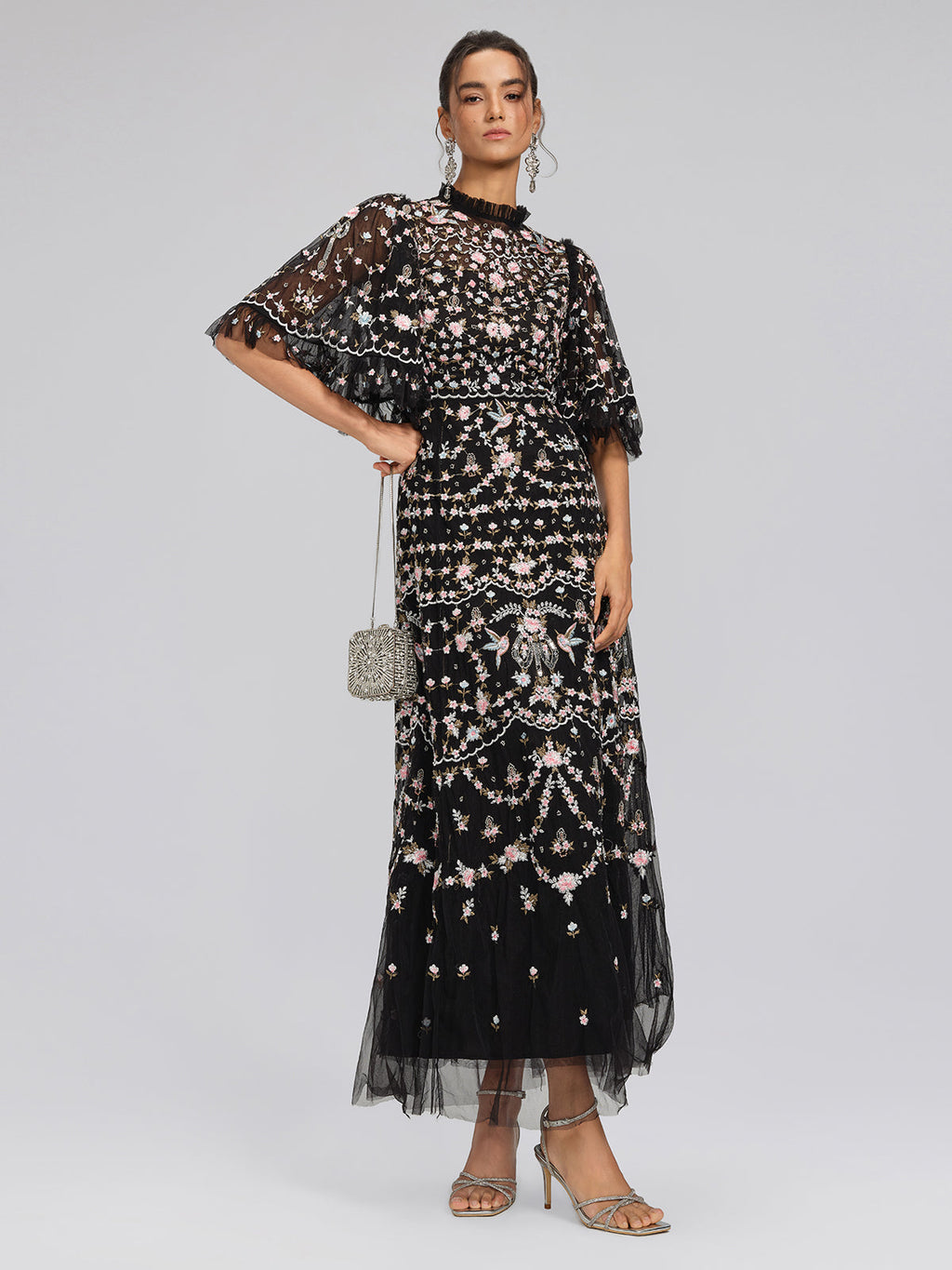 Embroidered Floral Ruffled Tulle Dress