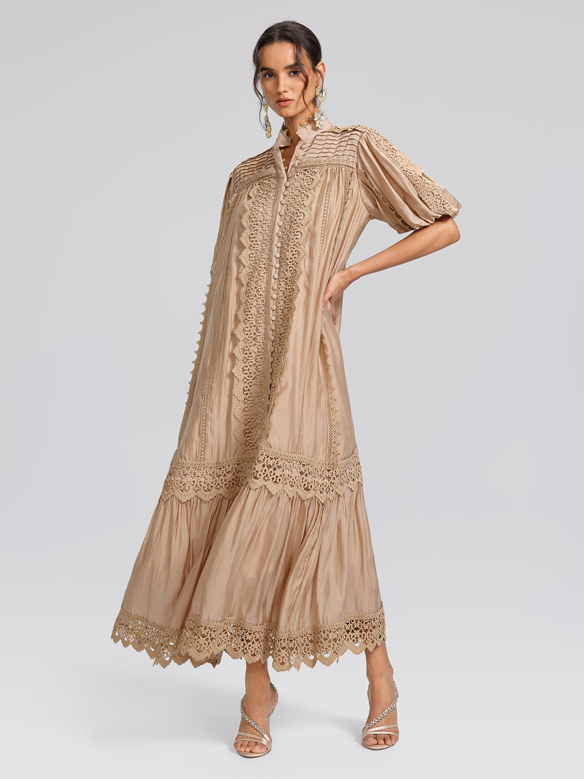 Embroidered Lace Panel Mock Neck Maxi Dress (Waist Tie Included)