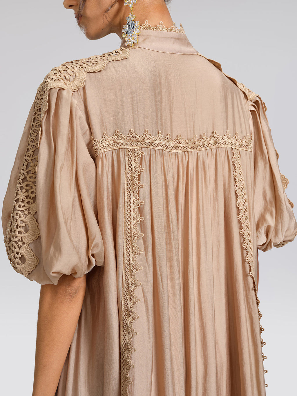 Embroidered Lace Panel Mock Neck Maxi Dress (Waist Tie Included)