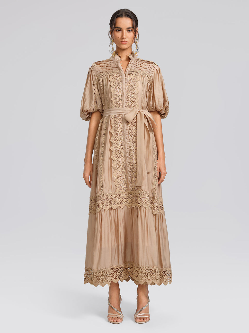 Embroidered Lace Panel Mock Neck Maxi Dress (Waist Tie Included)