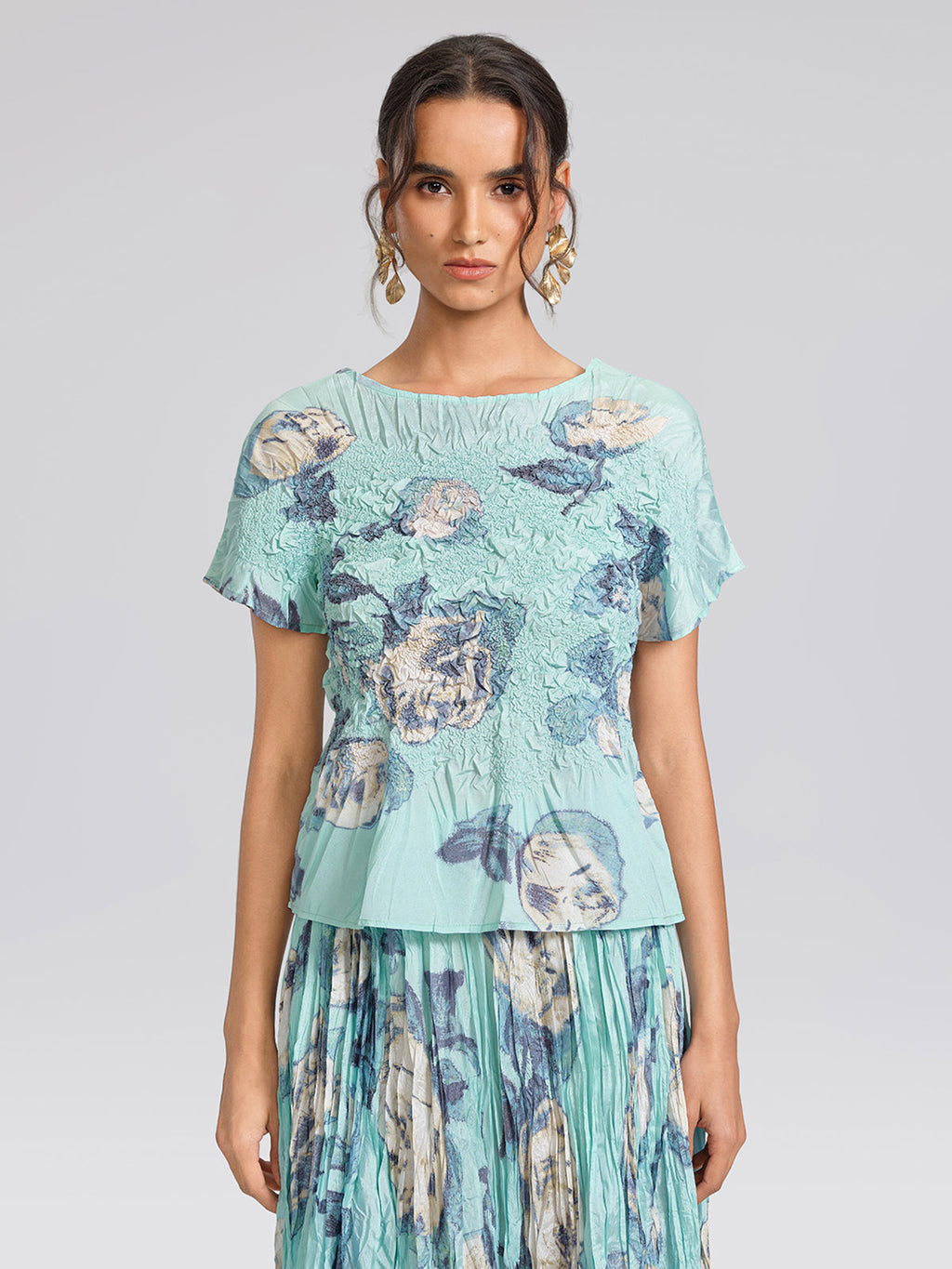 Floral Pleated Short-Sleeve Top & Skirt Set