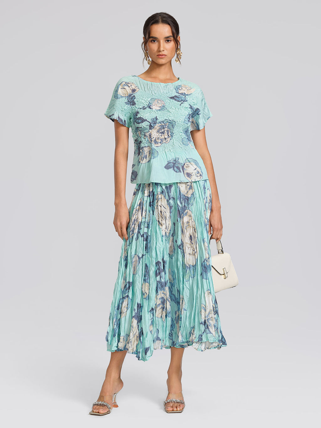 Floral Pleated Short-Sleeve Top & Skirt Set
