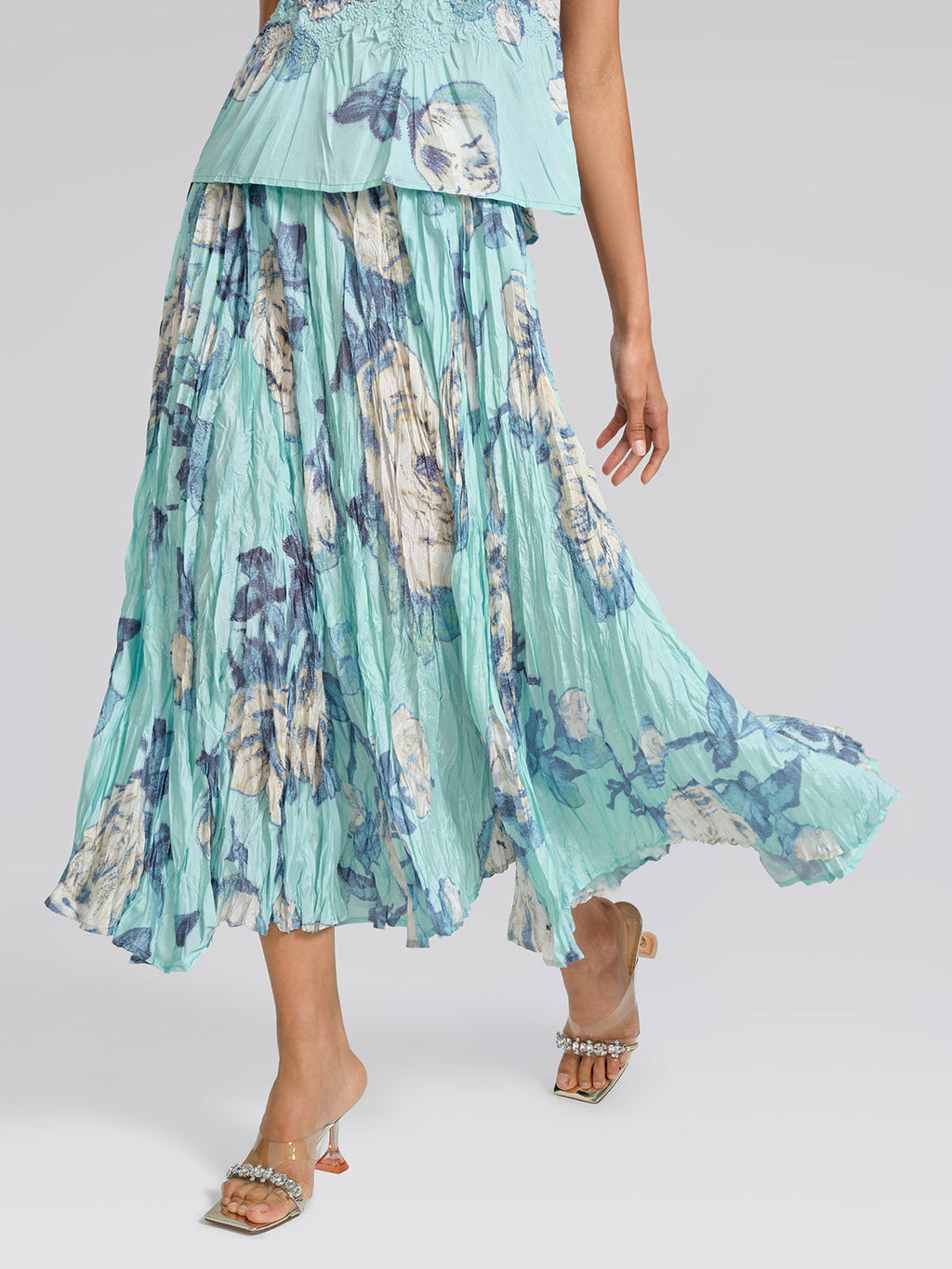 Floral Pleated Short-Sleeve Top & Skirt Set