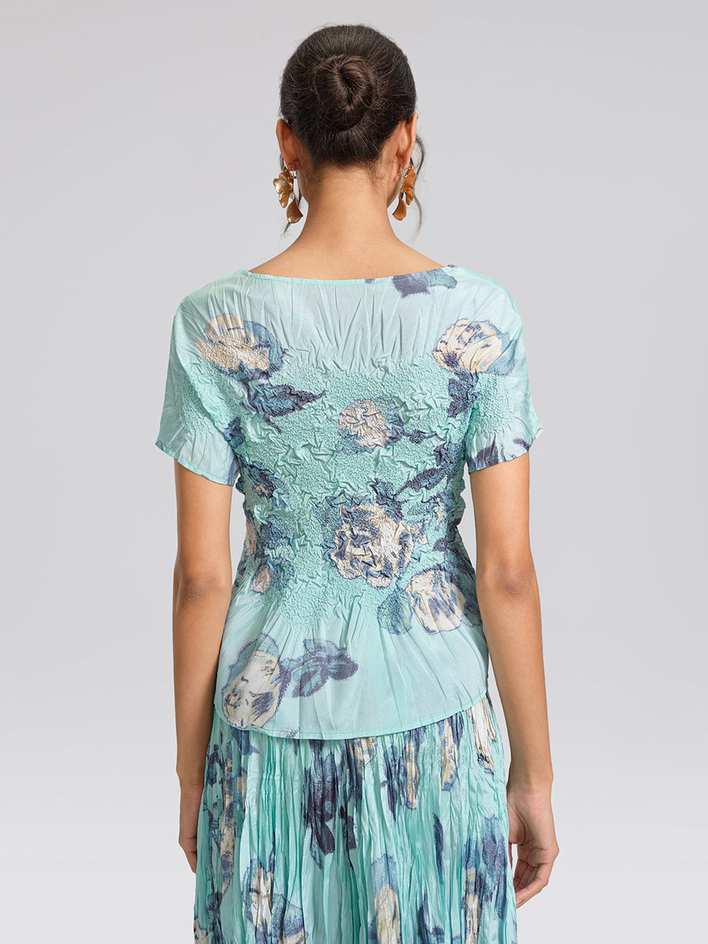 Floral Pleated Short-Sleeve Top & Skirt Set