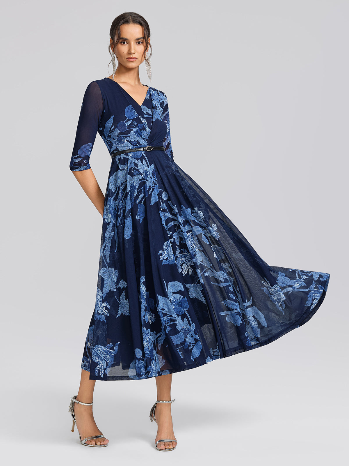 Floral Mesh V-Neck Maxi Dress