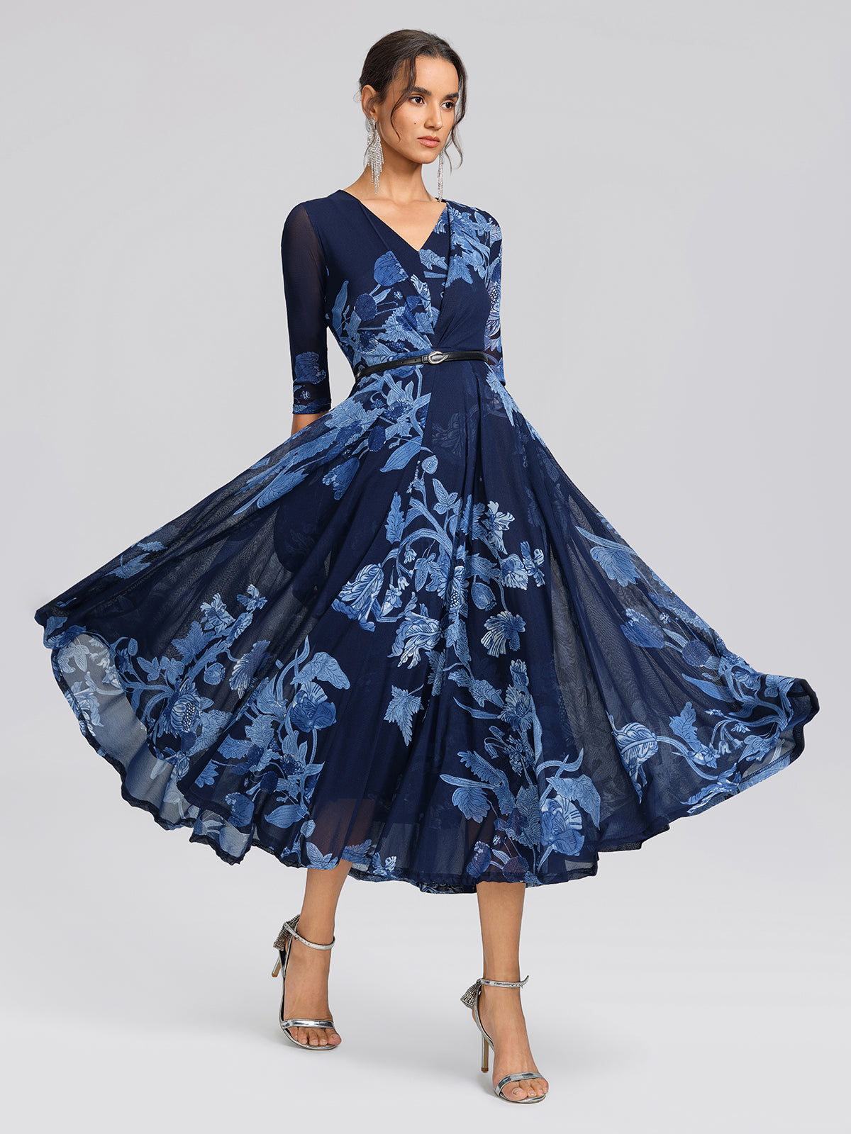 Floral Mesh V-Neck Maxi Dress