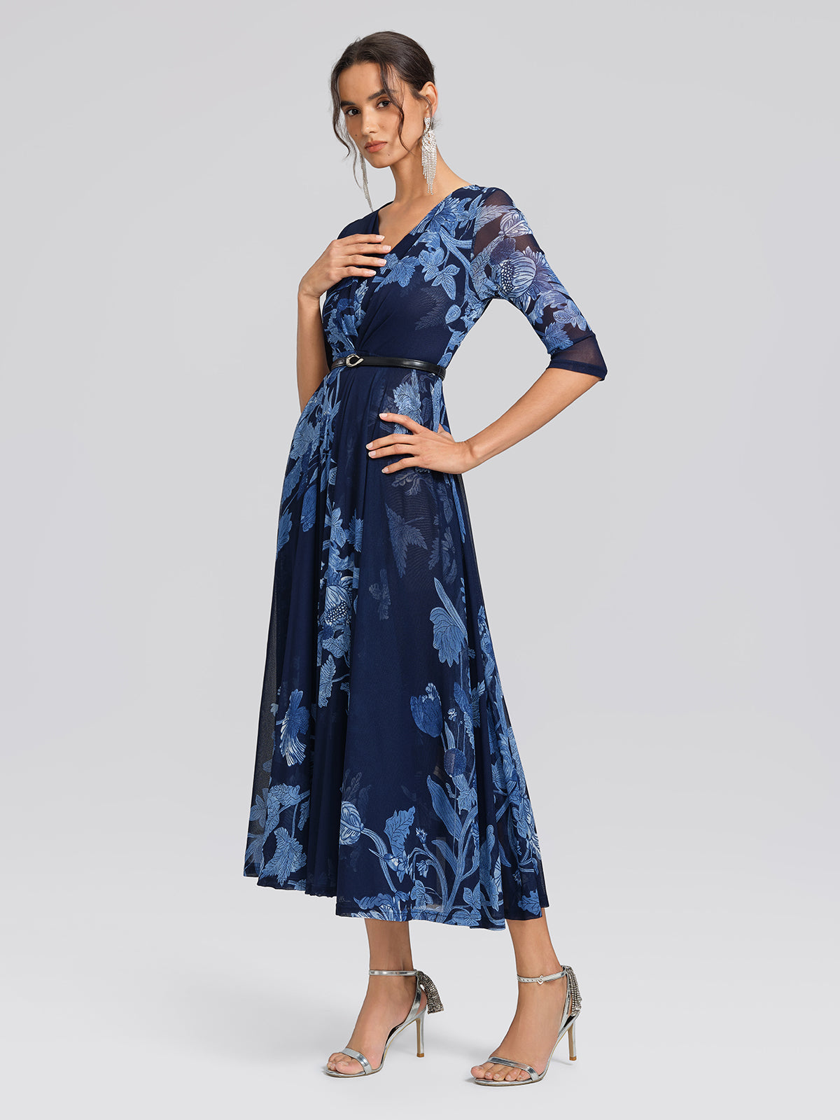 Floral Mesh V-Neck Maxi Dress