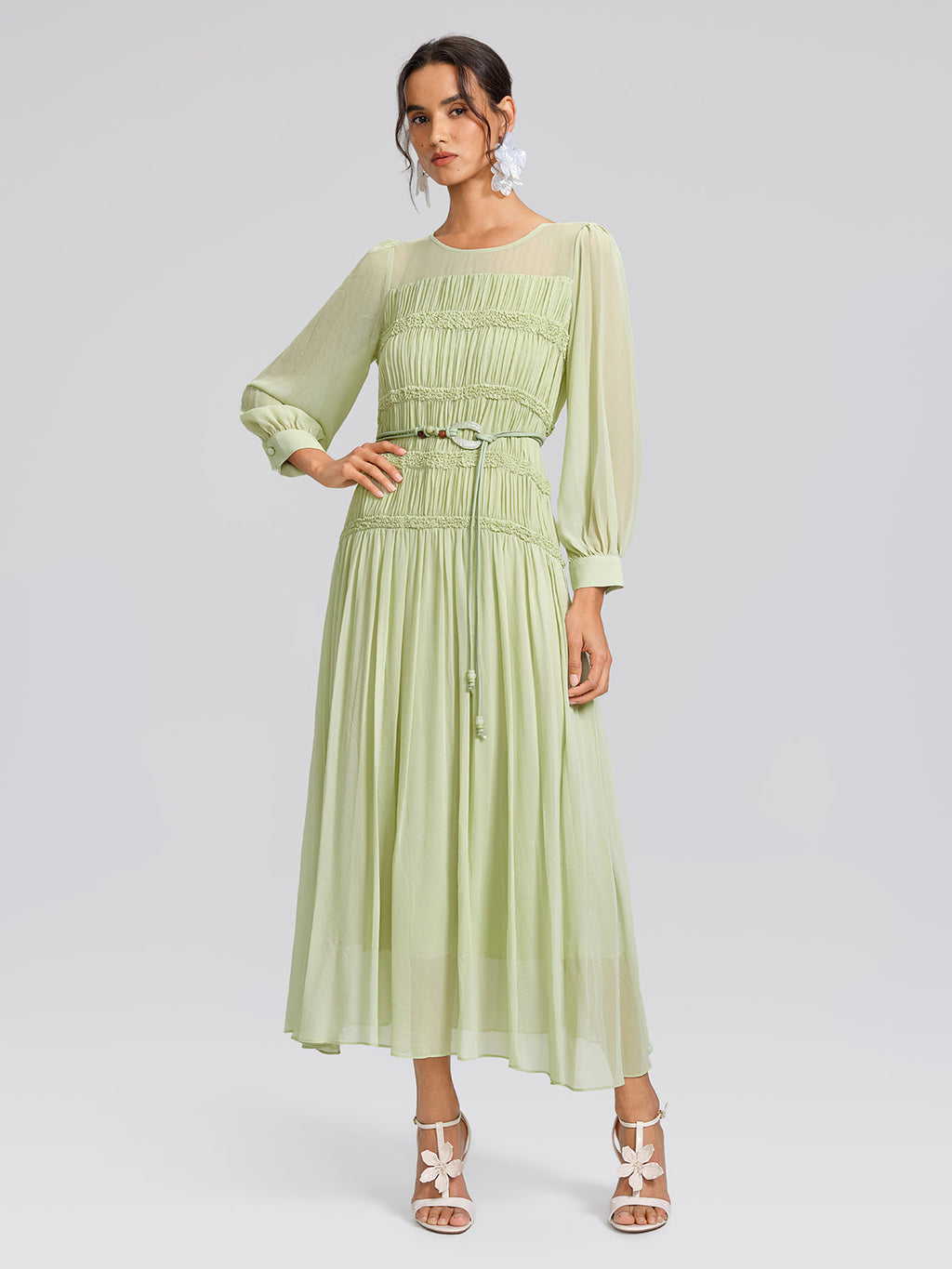 Smocked Pleated Dress (Belt Included)