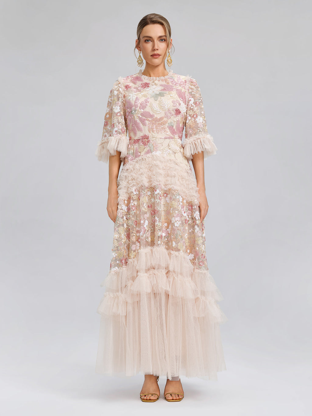 3D Floral Sequin Tulle Ruffle Dress