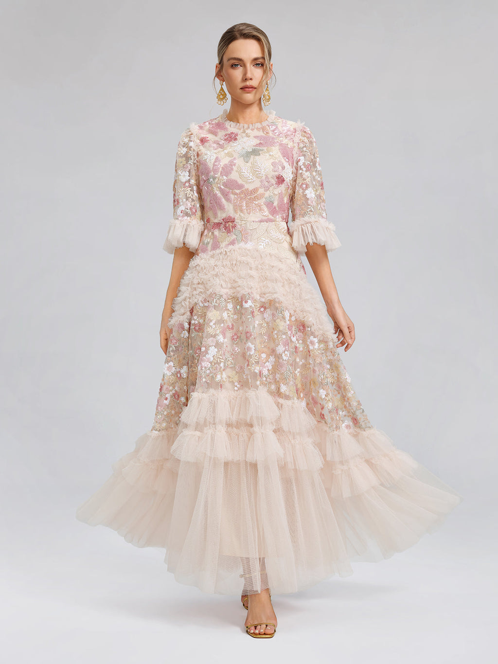 3D Floral Sequin Tulle Ruffle Dress