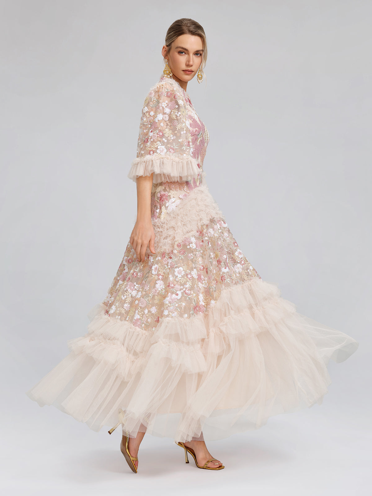 floral sequin tulle dress in white Floral Sequin Tulle Dress in Cream