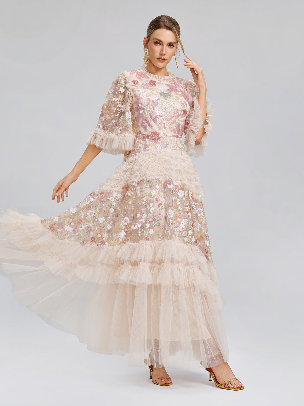 3D Floral Sequin Tulle Ruffle Dress