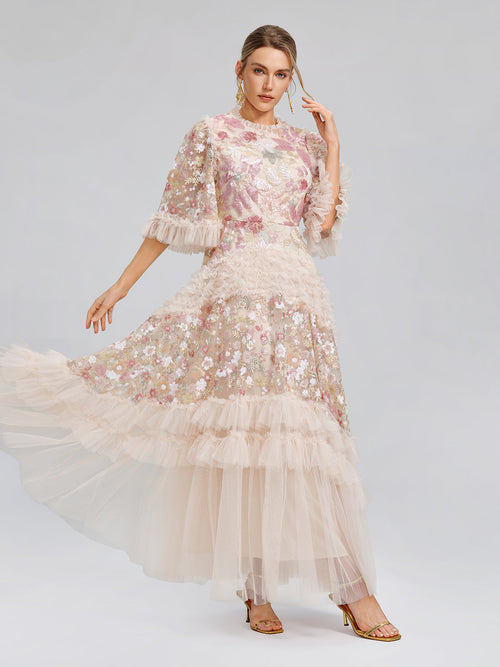 3D Floral Sequin Tulle Ruffle Dress