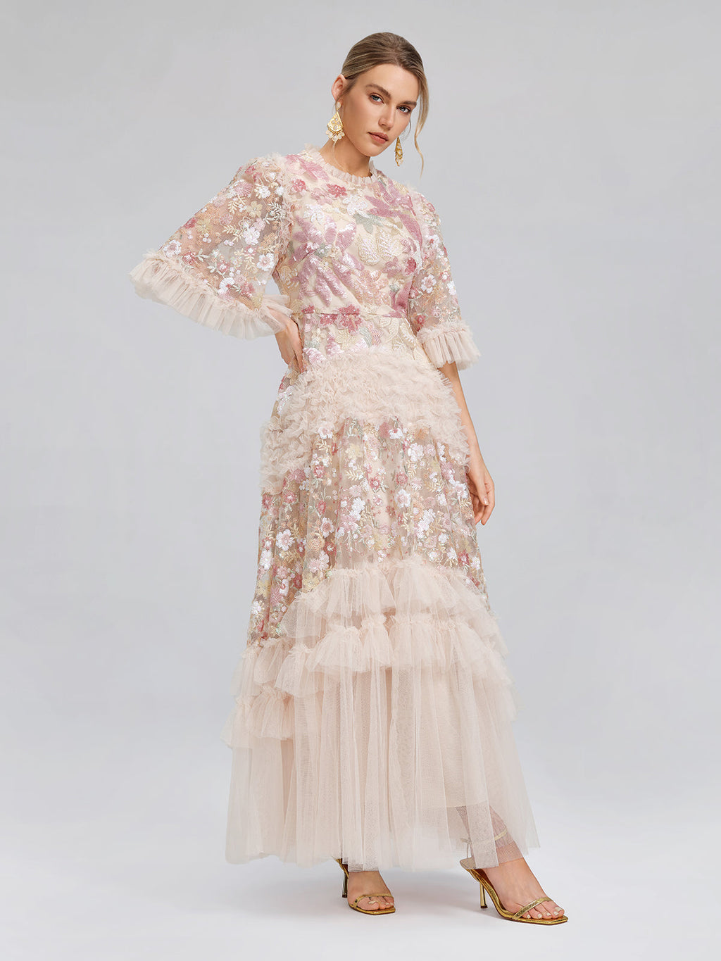 3D Floral Sequin Tulle Ruffle Dress