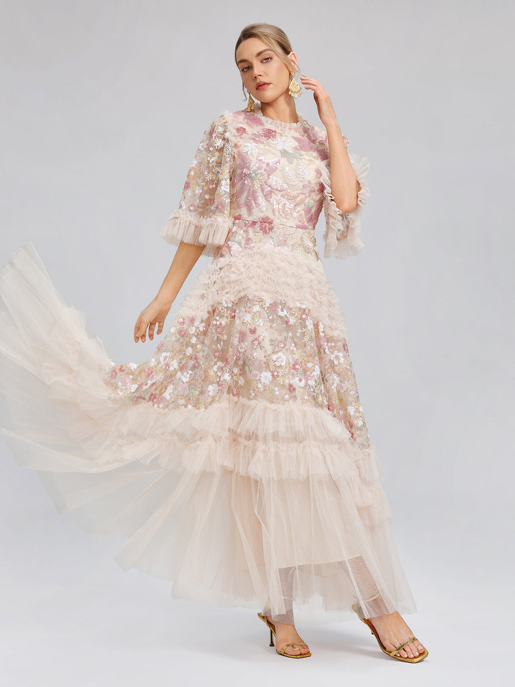 3D Floral Sequin Tulle Ruffle Dress