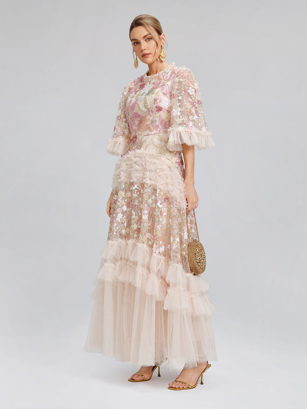 3D Floral Sequin Tulle Ruffle Dress
