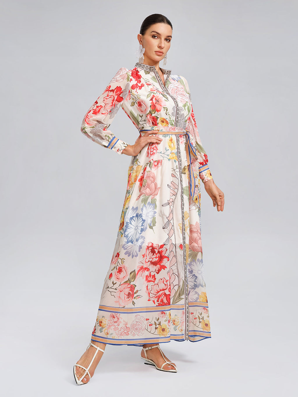 Floral Printed Adjustable-Cuffs Shirt Dress (Waist Tie Included)