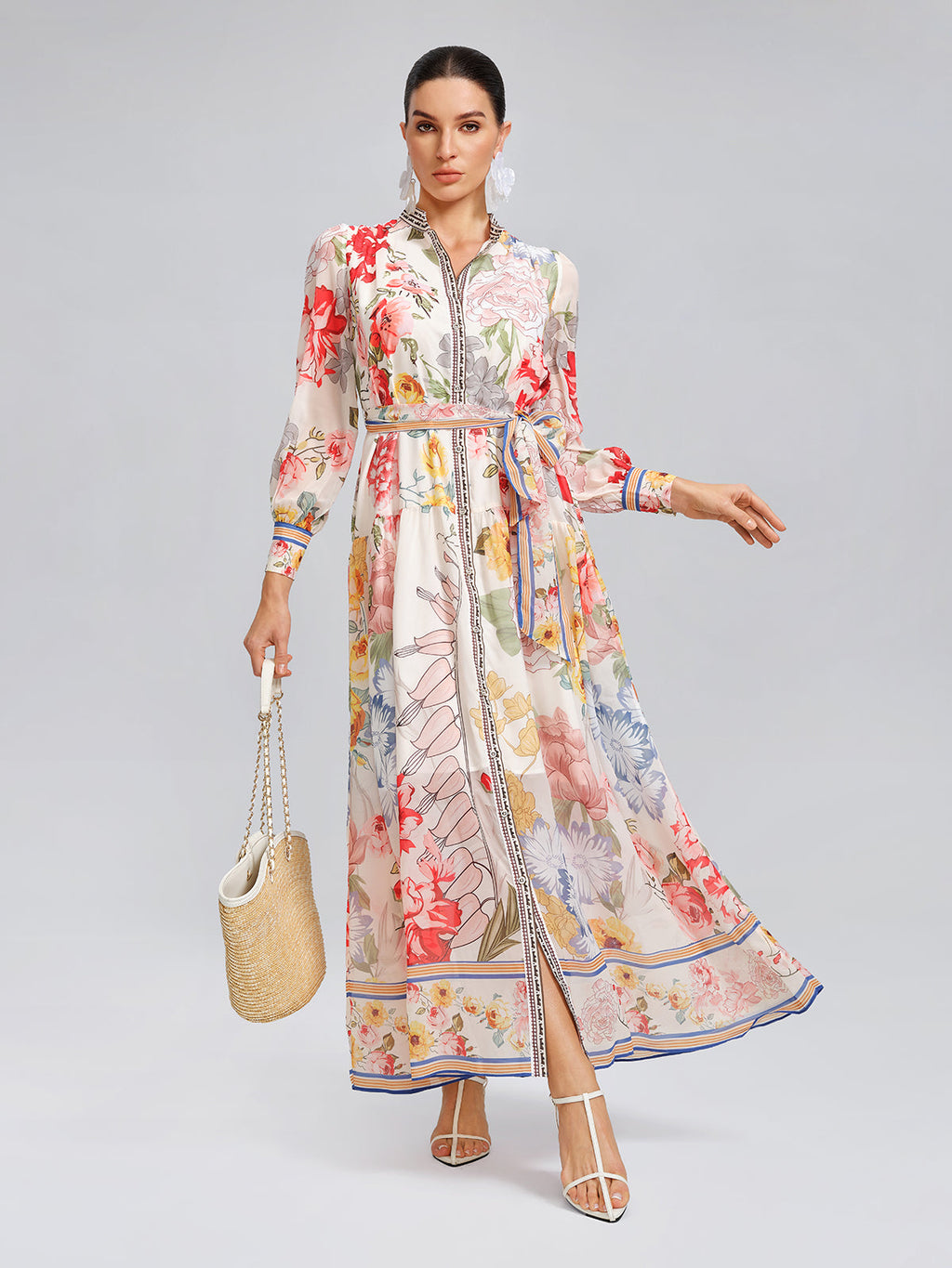 Floral Printed Adjustable-Cuffs Shirt Dress (Waist Tie Included)