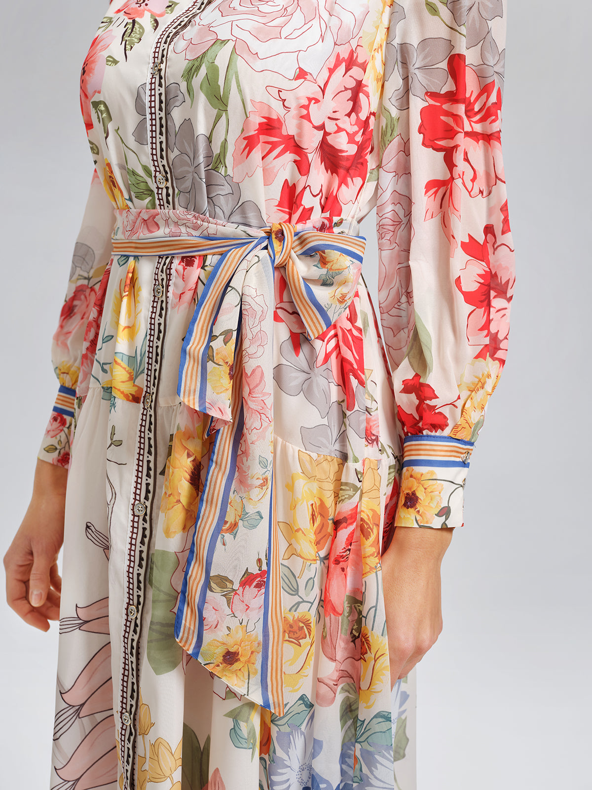 Floral Printed Adjustable-Cuffs Shirt Dress (Waist Tie Included)
