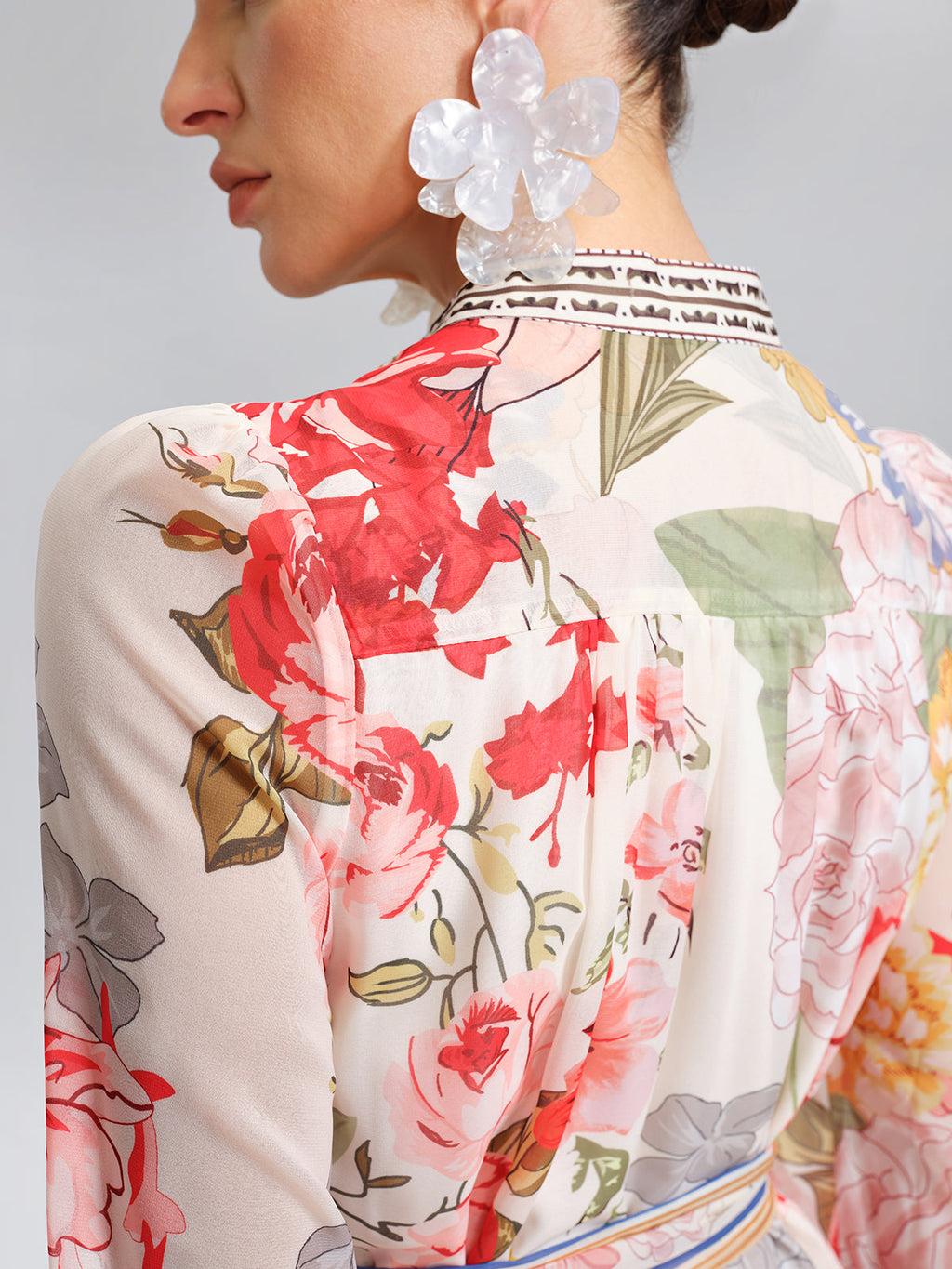 Floral Printed Adjustable-Cuffs Shirt Dress (Waist Tie Included)
